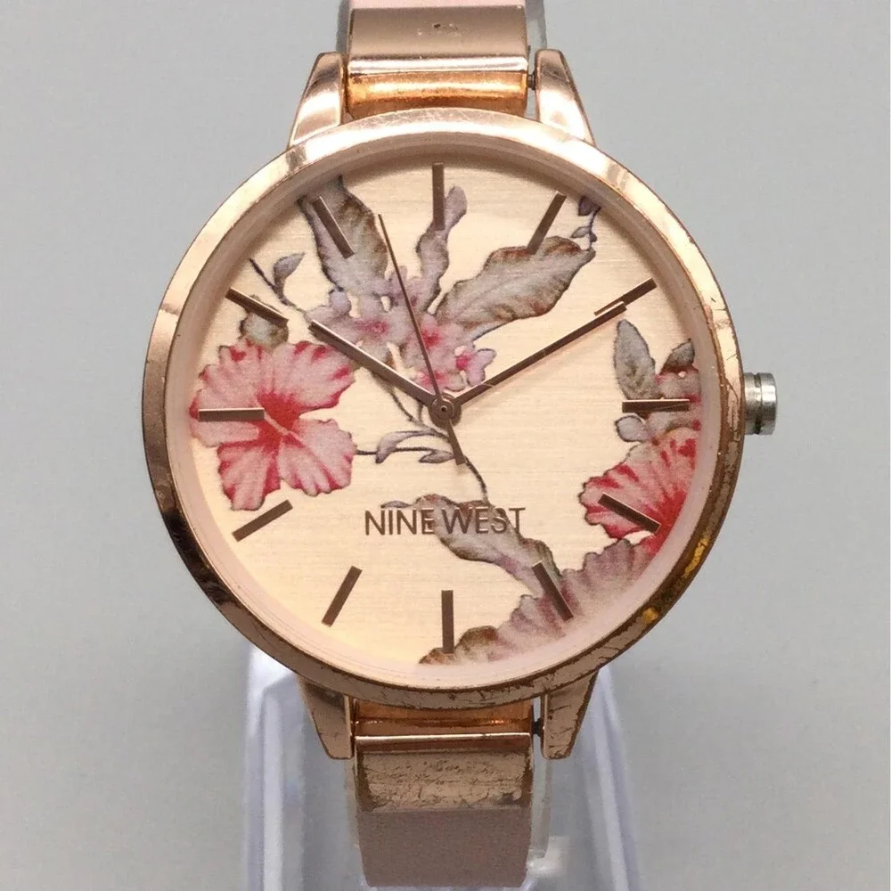 Nine West Womens Watch 38mm Floral Rose Gold Pink Leather NW/2044 New Battery